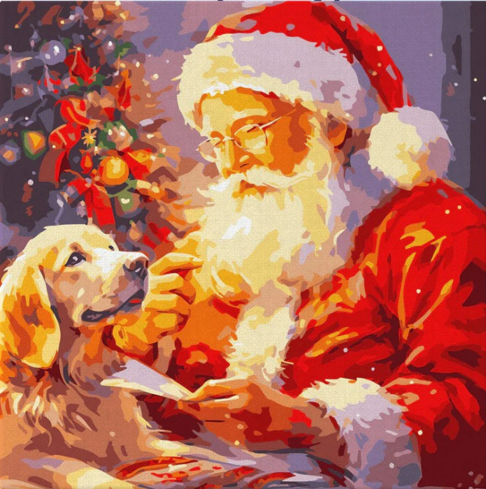 Mini set pictura pe numere, cu sasiu, Mos Craciun si catelul, 20x20 cm [1]