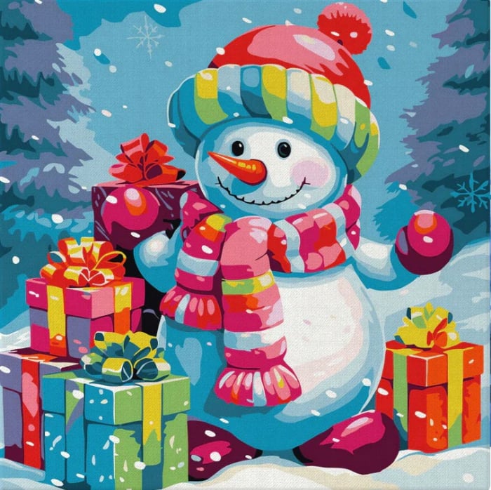 Mini set pictura pe numere, cu sasiu, Om de zapada cu cadouri, 20x20 cm [1]
