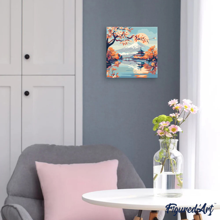 Mini set pictura pe numere, cu sasiu,  Lac si muntele Fuji, 20x20 cm [3]