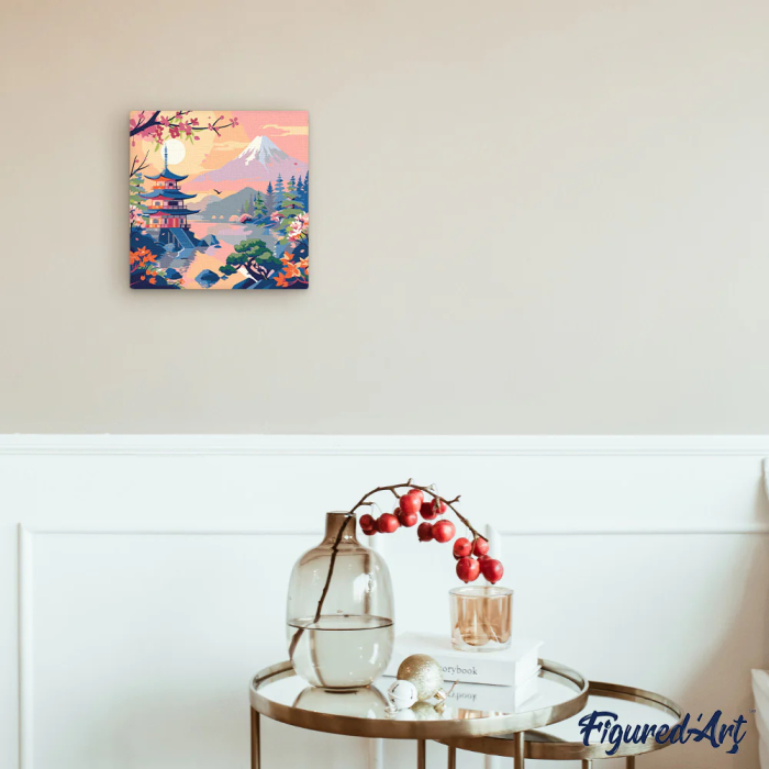 Mini set pictura pe numere, cu sasiu, Pagoda si muntele Fuji, 20x20 cm [3]