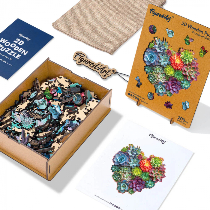 Puzzle 2D, din lemn, Inima din plante suculente, 200 piese [6]
