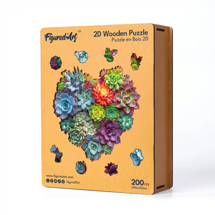 Puzzle 2D, din lemn, Inima din plante suculente, 200 piese [7]