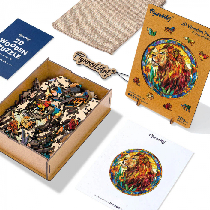 Puzzle 2D, din lemn, Vitraliu cu leu, 200 piese [5]
