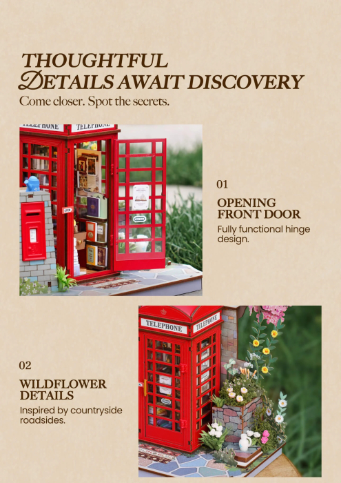 Puzzle 3D, Casuta DIY, Cabina telefonica cu flori si carti, 116 piese [9]