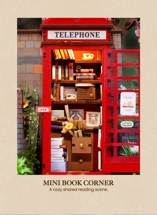 Puzzle 3D, Casuta DIY, Cabina telefonica cu flori si carti, 116 piese [8]