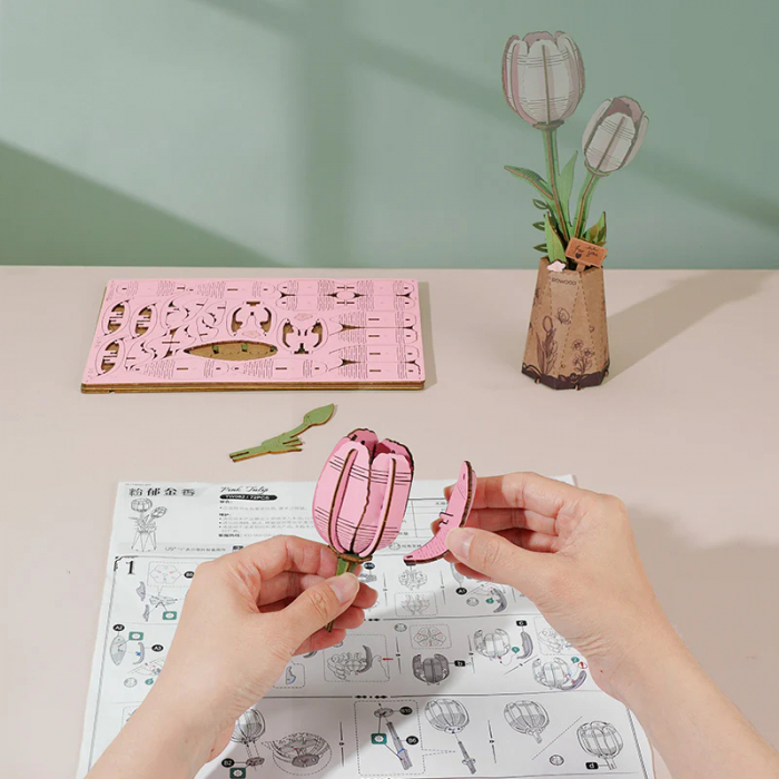 Puzzle 3D, din lemn, Lalea roz, 72 piese [2]