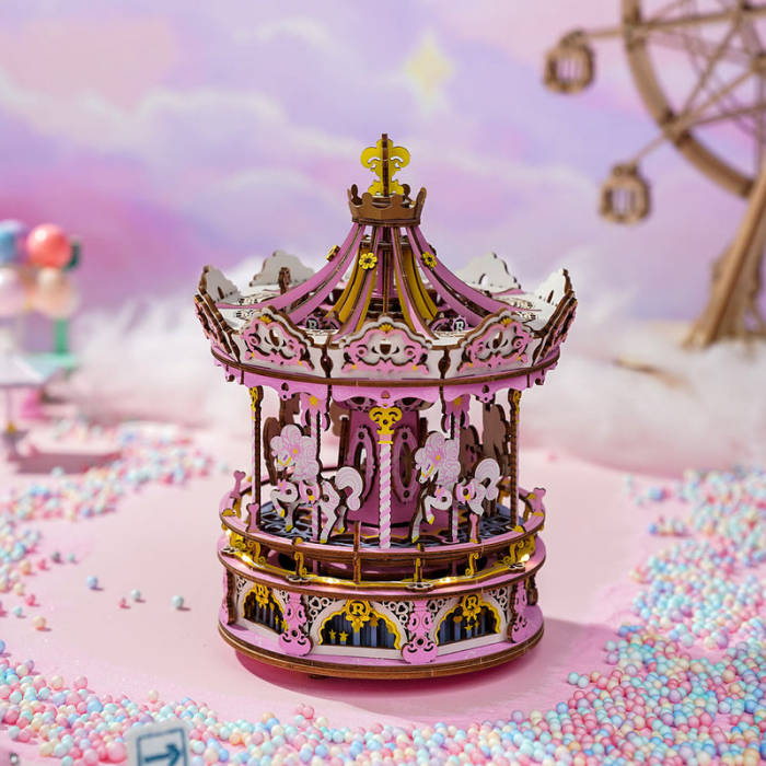 Puzzle 3D, lemn colorat, cutiuta muzicala, Carusel Romantic, 346 piese [5]