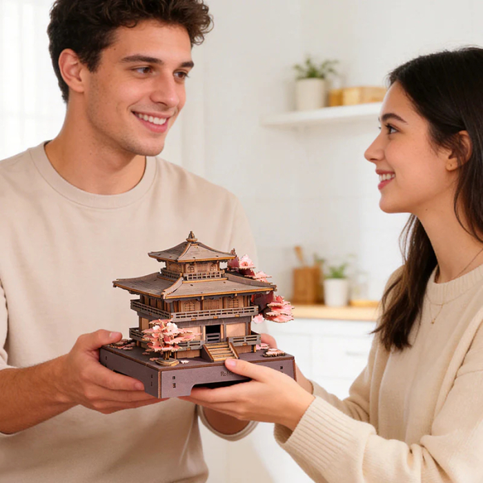 Puzzle 3D, din lemn, Pagoda cu sakura, 235 piese [3]