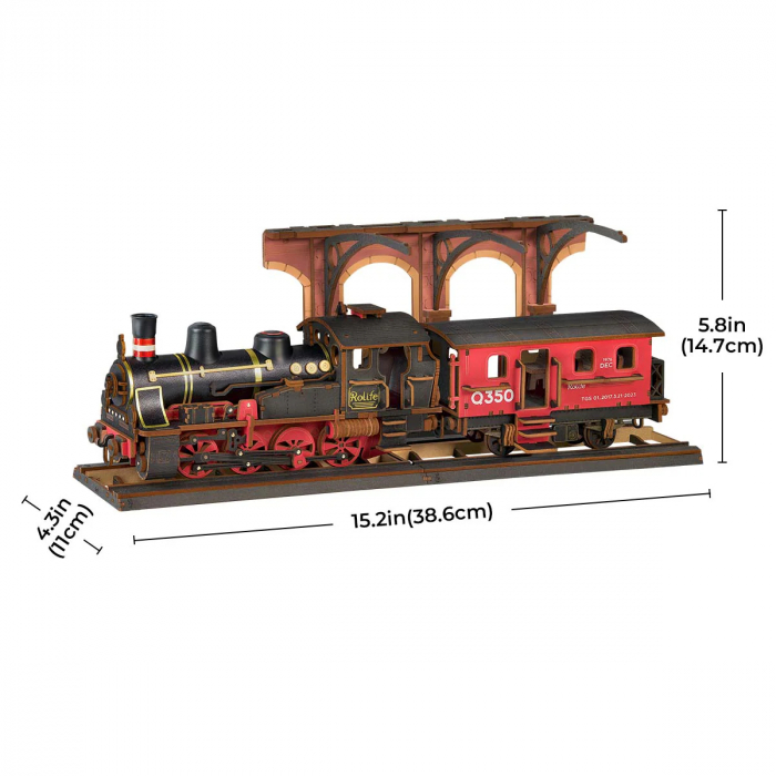 Puzzle 3D, mecanic, din lemn, Tren cu aburi, 405 piese [2]