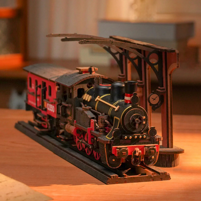 Puzzle 3D, mecanic, din lemn, Tren cu aburi, 405 piese [4]