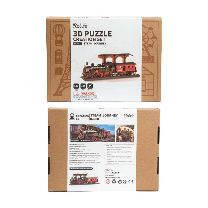 Puzzle 3D, mecanic, din lemn, Tren cu aburi, 405 piese [7]