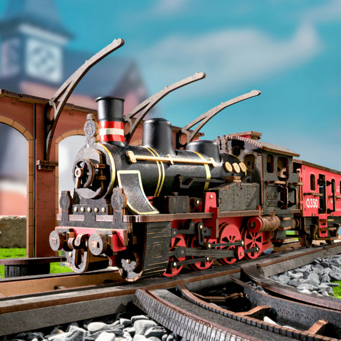 Puzzle 3D, mecanic, din lemn, Tren cu aburi, 405 piese [3]