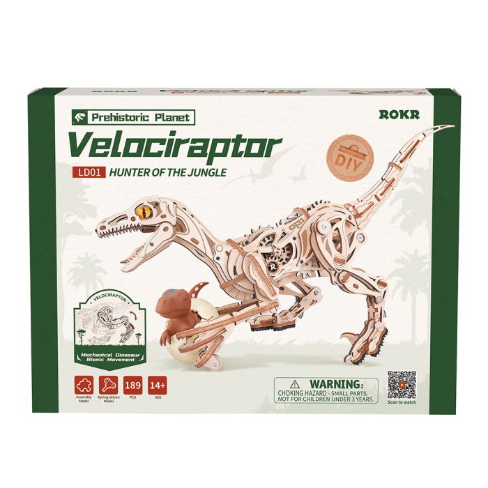 Puzzle 3D, mecanic, din lemn, Velociraptor, 191 piese [6]