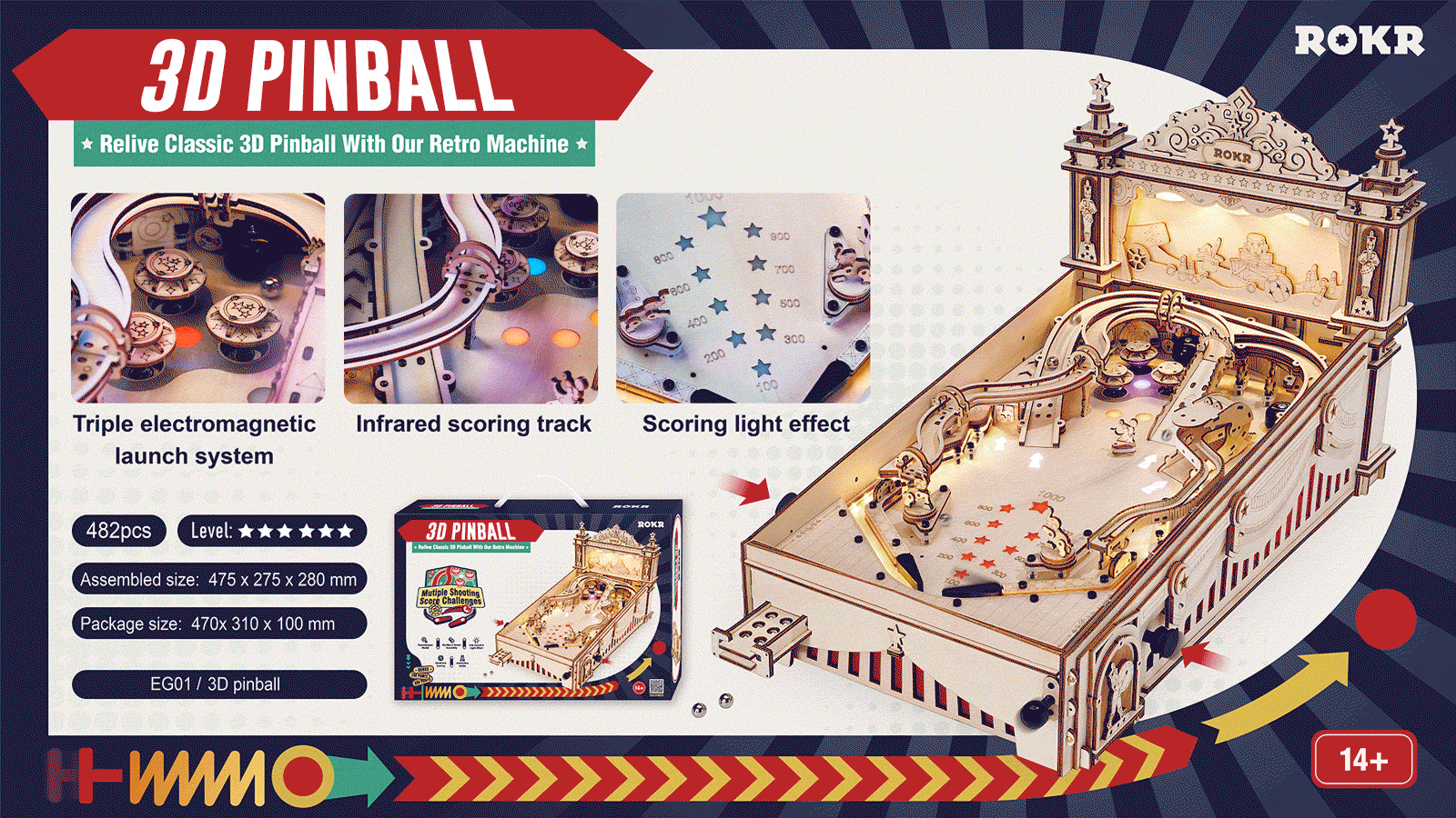Puzzle 3D mecanic, din lemn, Masa de pinball, 482 piese [12]