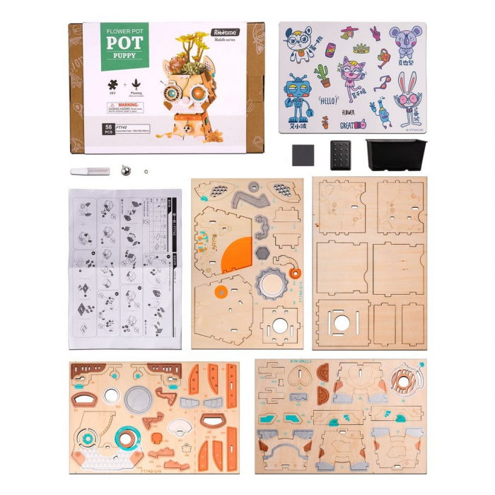 Puzzle 3D din lemn, Ghiveci - catelus, 58 piese [7]