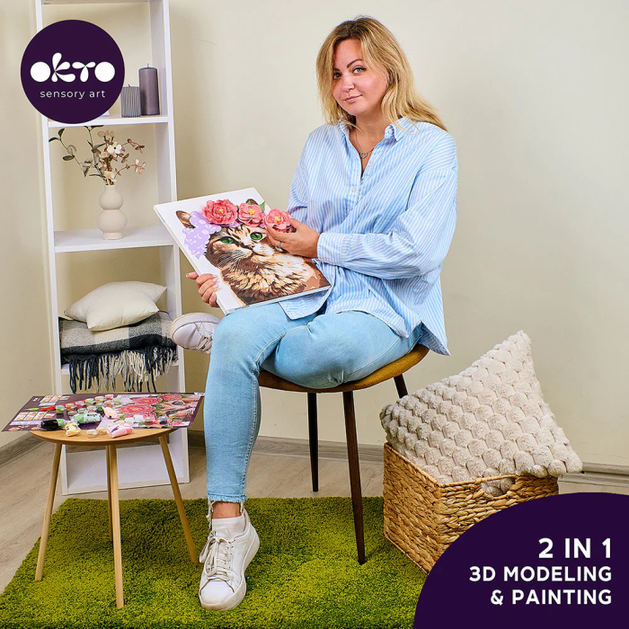 Set 2-in-1 pictura pe numere si pictura senzoriala 3D cu argila usoara, Pisica cu coronita, 30x40 cm [9]