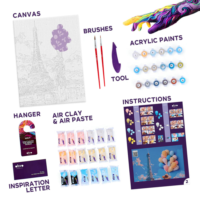 Set 2-in-1 pictura pe numere si pictura senzoriala 3D cu argila usoara, Salutari din Paris, 30x40 cm [4]