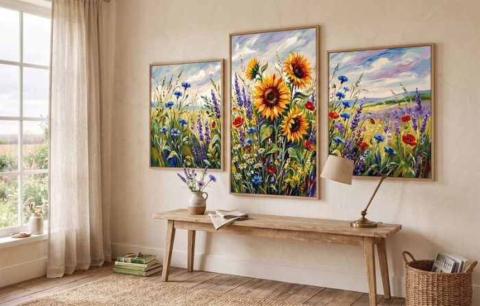 Set 3 picturi pe numere, cu sasiu, Adiere de vant pe pajiste,70x120 cm [2]