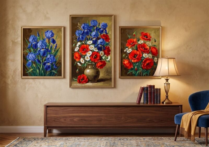 Set 3 picturi pe numere, cu sasiu, Irisi, maci si margarete,70x120 cm [2]