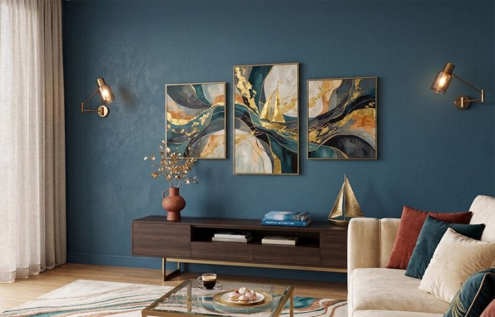 Set 3 picturi pe numere, cu sasiu, Vele aurii - culori metalizate, 70x120 cm [2]