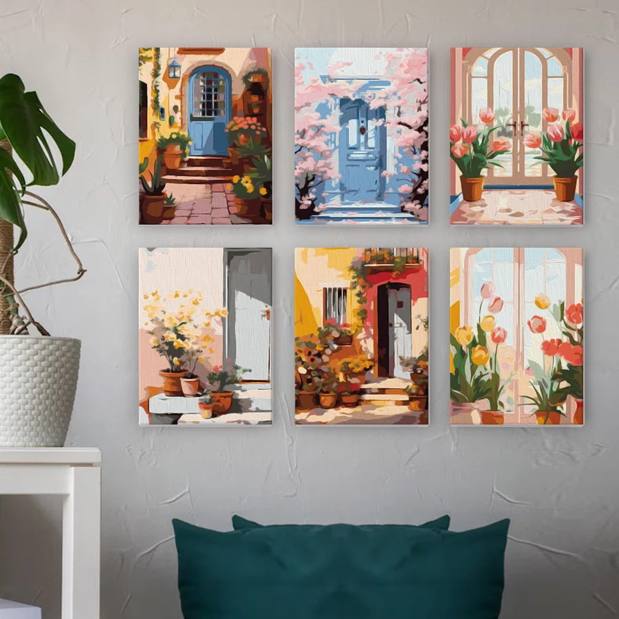 Set 6 mini-picturi pe numere, cu sasiu, Arhitectura europeana cu flori, 15x20cm [3]