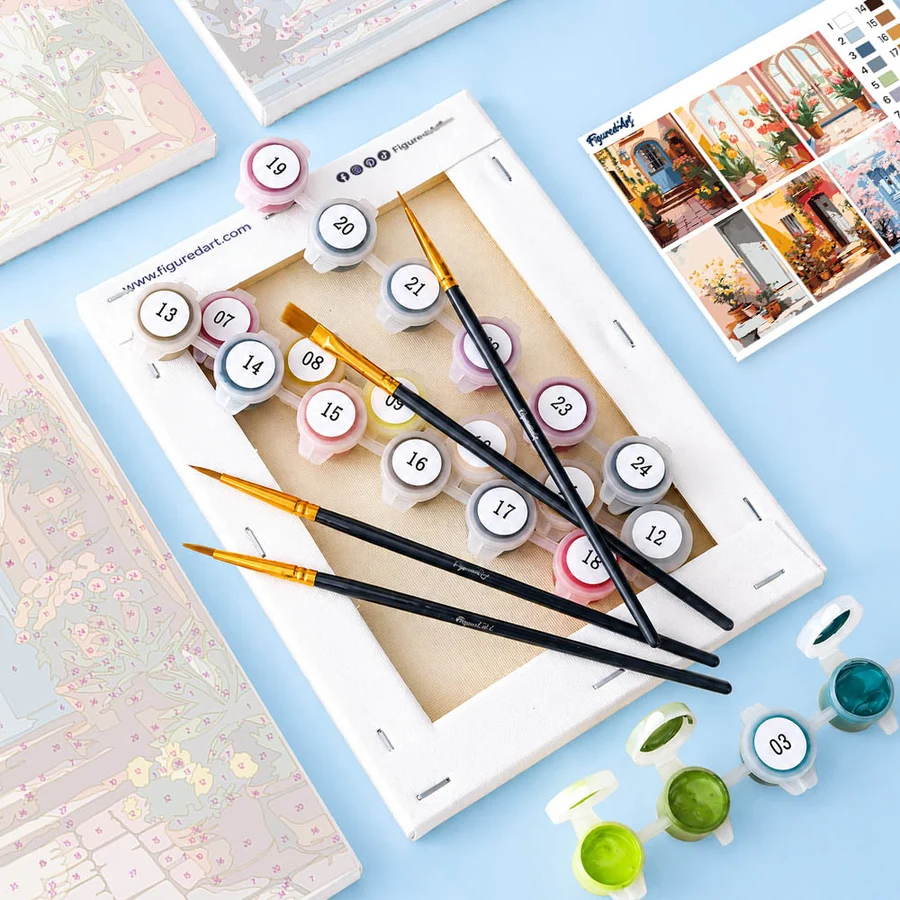 Set 6 mini-picturi pe numere, cu sasiu, Arhitectura europeana cu flori, 15x20cm [4]