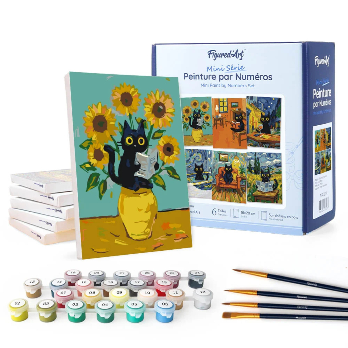 Set 6 mini-picturi pe numere, cu sasiu, Pisica van Gogh, 15x20 cm [3]