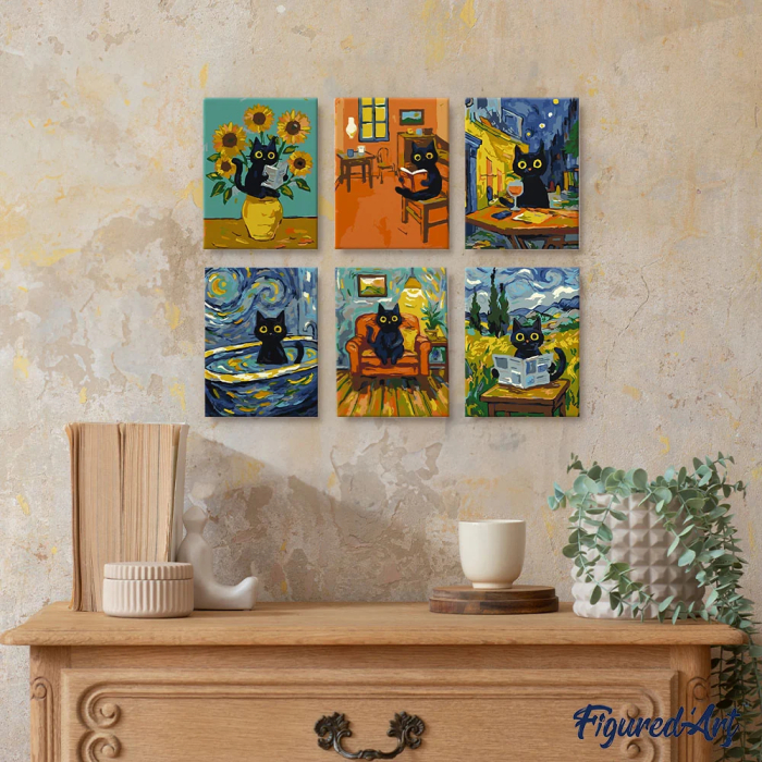 Set 6 mini-picturi pe numere, cu sasiu, Pisica van Gogh, 15x20 cm [2]