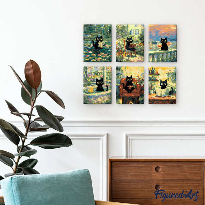 Set 6 mini-picturi pe numere, cu sasiu, Pisica Monet, 15x20cm [2]