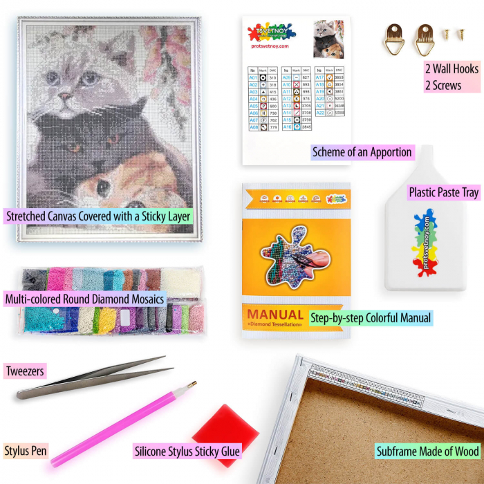 Set goblen cu diamante, cu sasiu, 3 pisoi, 40x50 cm [6]