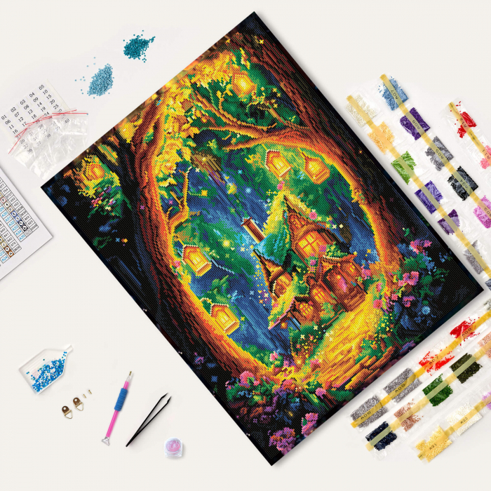 Set goblen cu diamante, cu sasiu, Coliba din taramul viselor, 50x65 cm [3]