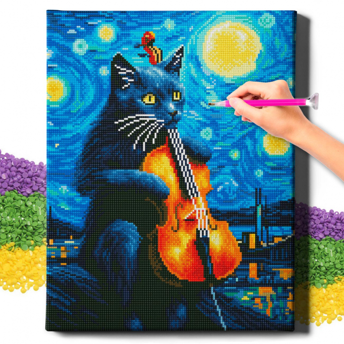 Set goblen cu diamante, cu sasiu, Pisica cu violoncel, 40x50 cm [2]