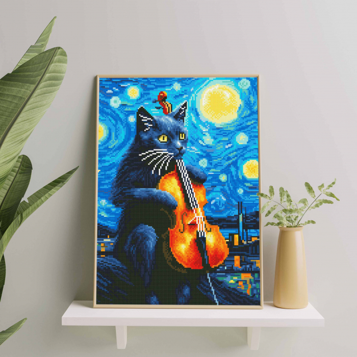 Set goblen cu diamante, cu sasiu, Pisica cu violoncel, 40x50 cm [3]