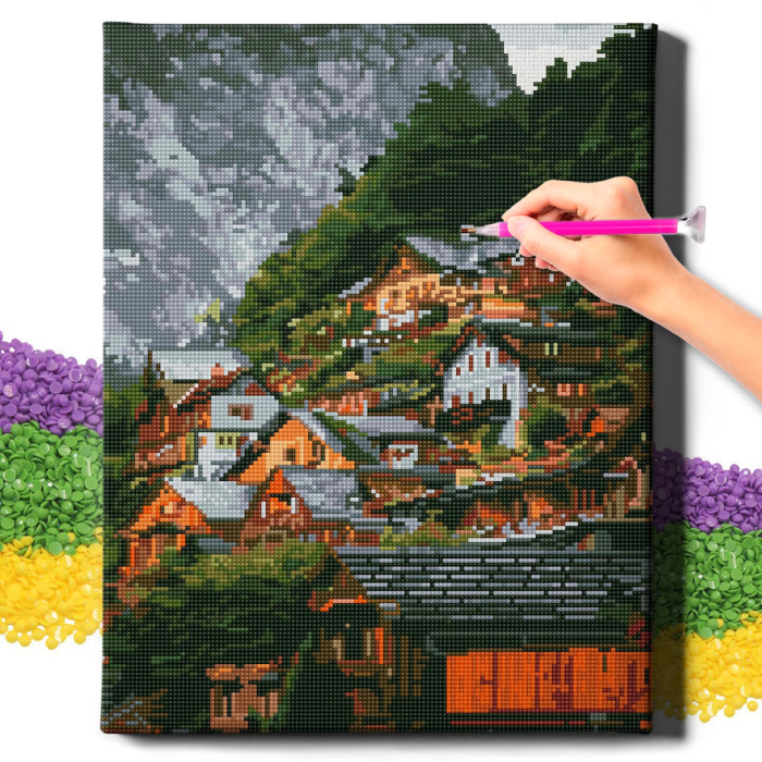 Set goblen cu diamante, cu sasiu, Oras in munti, 40x50 cm [2]