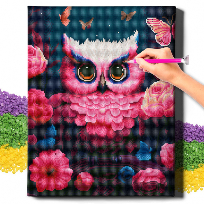 Set goblen cu diamante, cu sasiu, Bufnita cu flori roz, 40x50 cm [2]