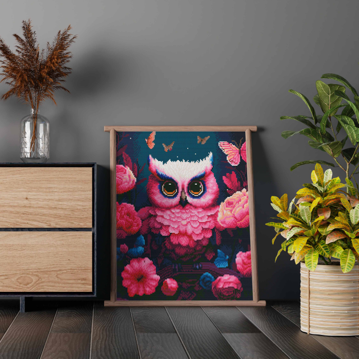 Set goblen cu diamante, cu sasiu, Bufnita cu flori roz, 40x50 cm [4]