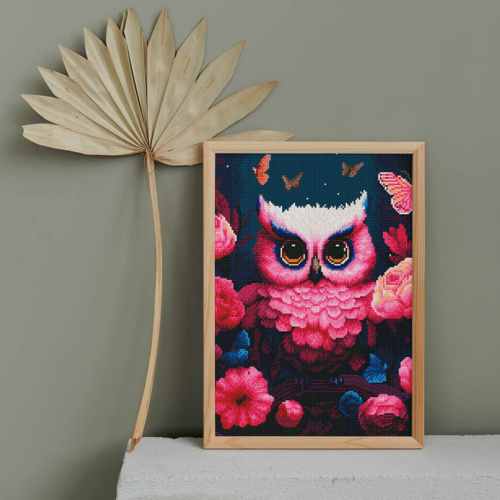 Set goblen cu diamante, cu sasiu, Bufnita cu flori roz, 40x50 cm [3]