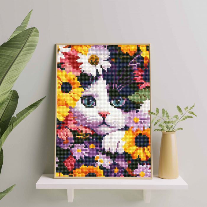 Set goblen cu diamante, cu sasiu, Pisoi in flori, 20x30 cm [3]