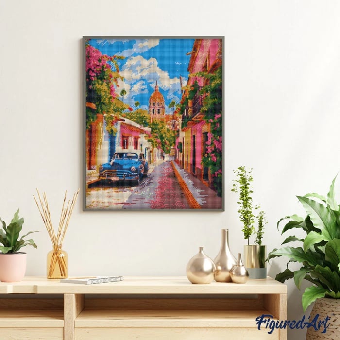 Set goblen cu diamante, cu sasiu, Masina clasica in Mexic, 40x50 cm [3]
