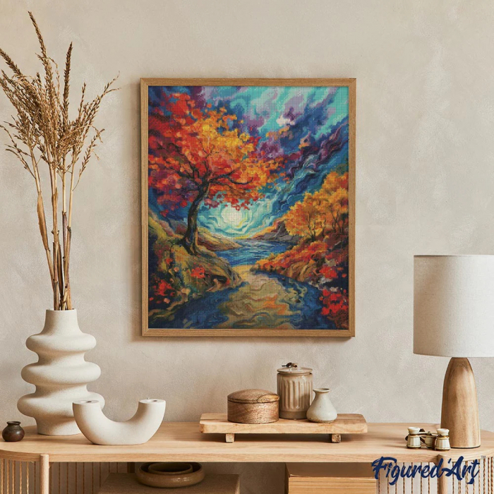 Set goblen cu diamante, cu sasiu, Padure suprarealista inspiratie van Gogh, 40x50 cm [3]