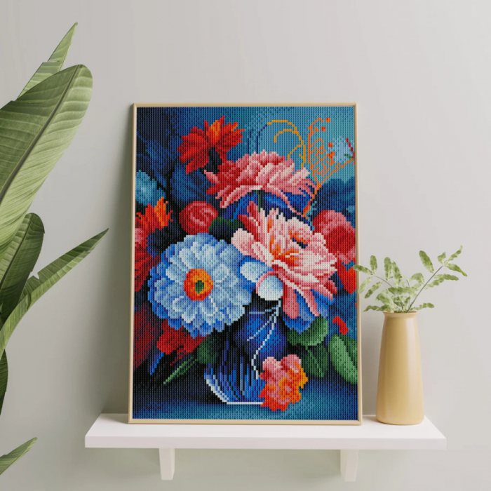 Set goblen cu diamante, cu sasiu, Flori in vaza, 30x40 cm [2]