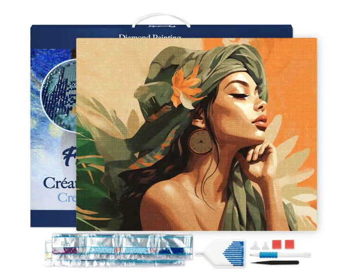 Set goblen cu diamante, cu sasiu, Femeie cu turban verde, 40x50 cm [2]