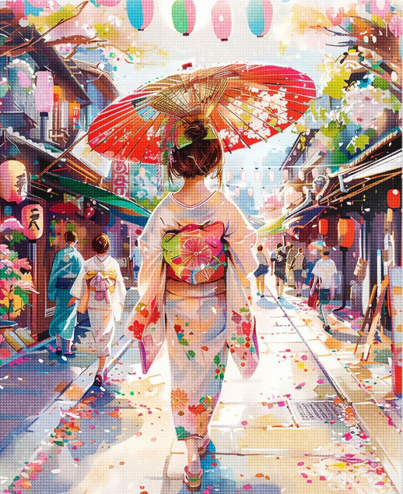 Set goblen cu diamante, cu sasiu, Femeie in yukata, 40x50 cm [1]