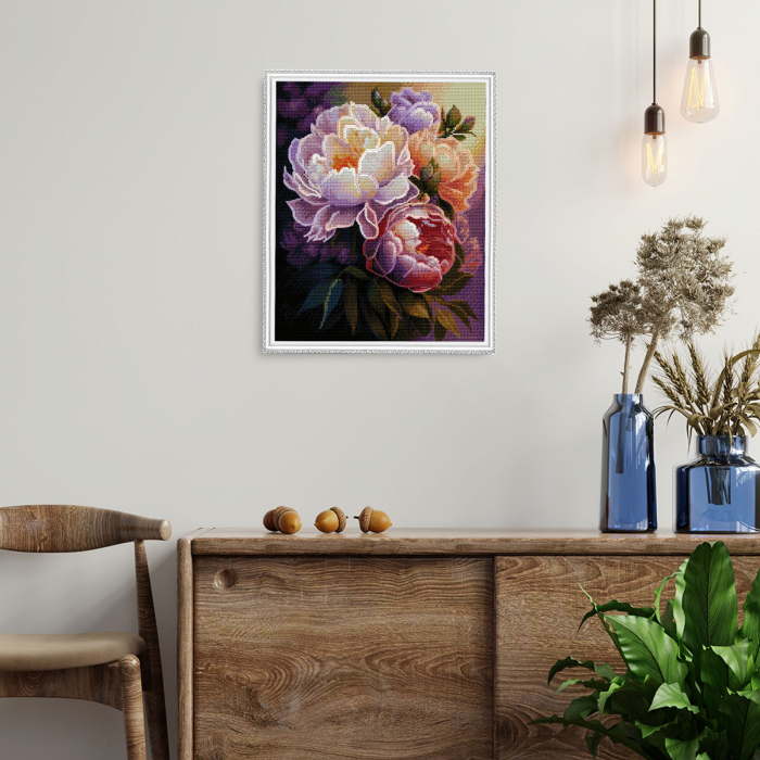 Set goblen cu diamante, cu sasiu, Bujori in floare, 40x50 cm [4]