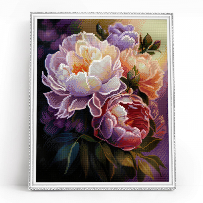 Set goblen cu diamante, cu sasiu, Bujori in floare, 40x50 cm [2]