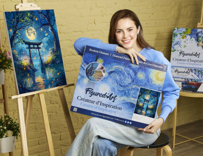 Set goblen cu diamante, cu sasiu, Torii sub clar de luna si licurici, 40x50 cm [11]