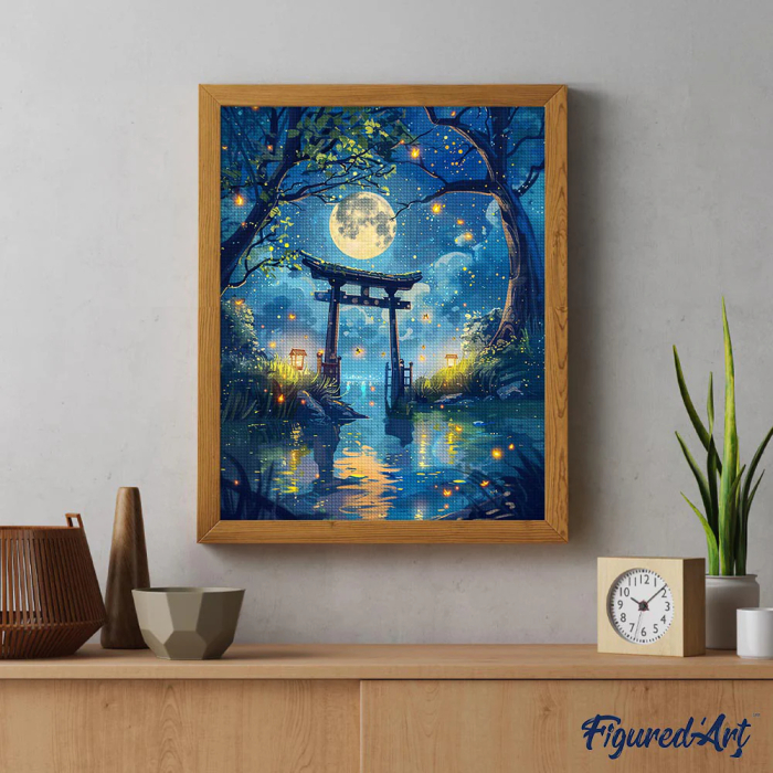 Set goblen cu diamante, cu sasiu, Torii sub clar de luna si licurici, 40x50 cm [3]
