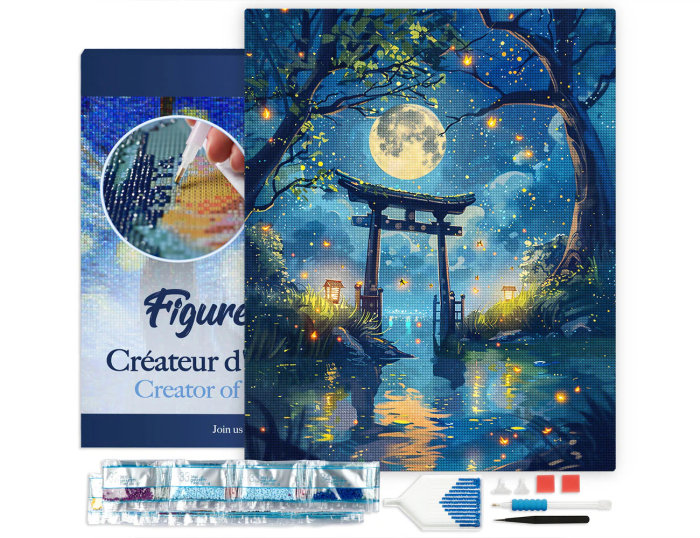 Set goblen cu diamante, cu sasiu, Torii sub clar de luna si licurici, 40x50 cm [2]