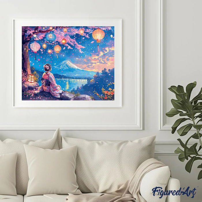 Set goblen cu diamante, cu sasiu, Gheisa, lanterne si muntele Fuji, 40x50 cm [3]