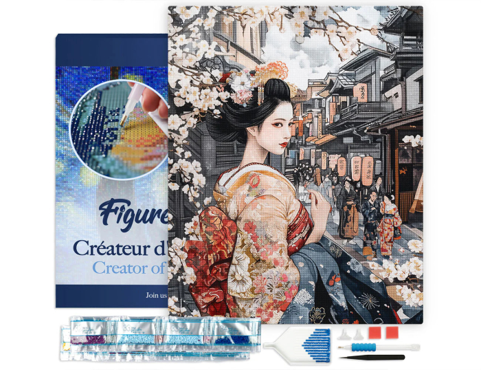 Set goblen cu diamante, cu sasiu, Gheisa pe strada medievala, 40x50 cm [3]